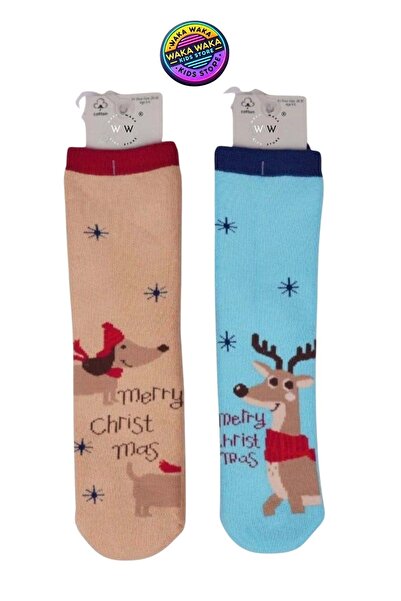 ww waka waka kids store Children's Christmas Themed Socks Set - 2-Piece Santa Claus & Deer Patterned Thermal Socks