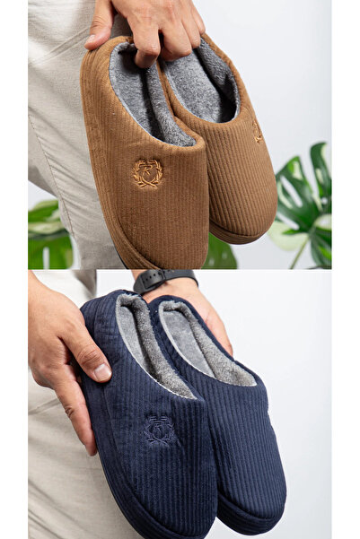 Hızlı Al 2 Pack Men's Winter House Slippers. Embroidered Velvet Embroidered Soft Men's Winter Slippers