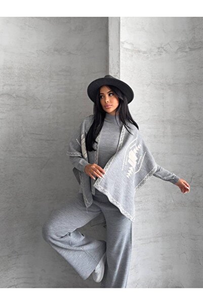 GİYSİ DÜNYASI 57 Triko Poncho Sweater Pants 3-Piece Set