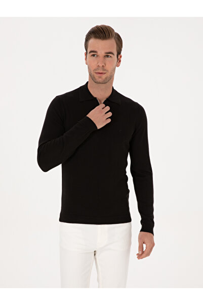 Cacharel Siyah Regular Fit Pamuk Karışımlı Fermuarlı Polo Yaka Basic Triko Kazak 50318721-VR046