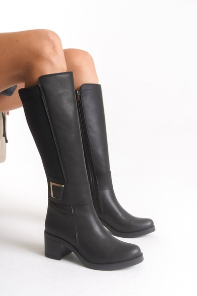 DORA Stretchy Back, Flexible Thick Mid-High Heels, V Metal Detail, Zippered Long Boots