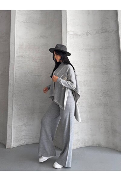GİYSİ DÜNYASI 57 Triko Poncho Sweater Pants 3-Piece Set