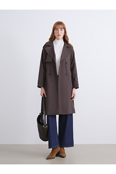 LC Waikiki Kahverengi Ceket Yaka Kadın Trençkot