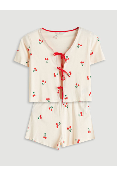 LC Waikiki Ma Bella and Lcw Dream Cherry Ecru Women's Shorts Pajama Set