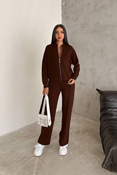 Gugus طقم نسائي من قماش المودال بسحاب وياقة كلية وساق واسعة