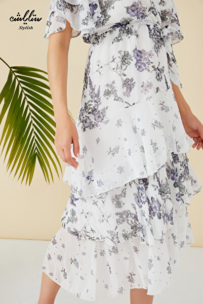 Stylish White floral v-neck midi dress with ruffle design