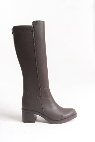 DORA Stretchy Back, Flexible Thick Mid-High Heels, V Metal Detail, Zippered Long Boots