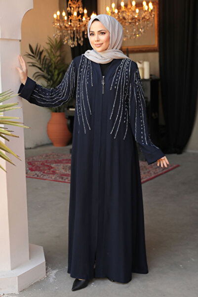 Neva Style Темно-синя модель Tesettur Abaya з вишивкою бісером 29111L