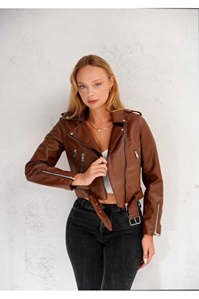 Azra Moda Style سترة نسائية من الجلد ذات أكمام طويلة ومزودة بسحاب قصة ضيقة