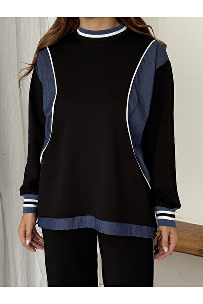 QİMYA BUTİK Buketli̇ Women's Ribbed Denim Garnished Long Sleeve Knitted Oversize Double Set