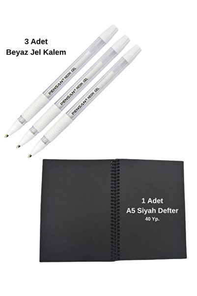 Nuasya طقم أقلام جل بيضاء مكون من 3 قطع ودفتر ملاحظات حلزوني ذو صفحات سوداء م...