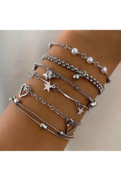 Nirvela 6'lı Vintage Charm Bileklik Seti – İnci, Kalp, Yıldız ve Zincir Modeller