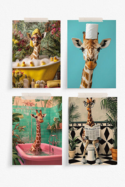 Pankart Evi 4'lü Zürafa Poster Seti, A5 Banyo Dekorasyonu Çerçevesiz Poster -...