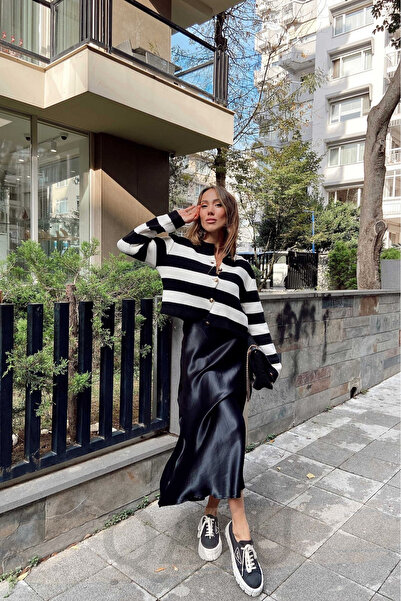 Qaju Women's Black Satin Skirt Stylish Combination Maxi Length