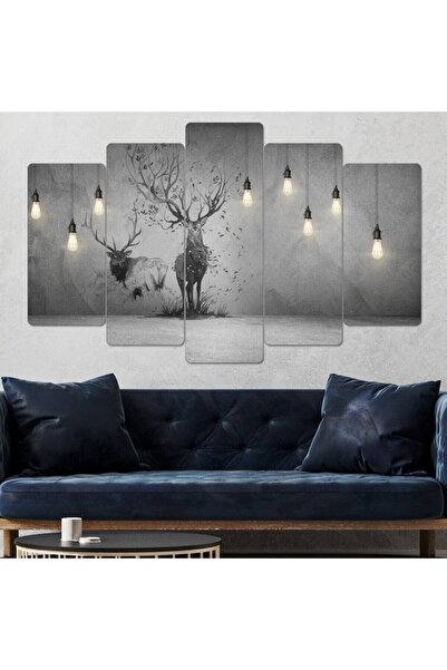 fabriflow exclusive Geyik Gri Arka Plan Parçalı Ahşap Duvar Tablo Seti-5pr-952