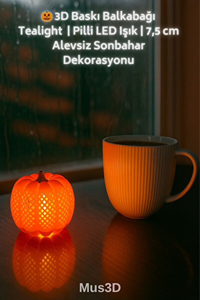 Mus3D 🎃 3D Baskı Balkabağı Tealight | Pilli LED Işık | 7,5 cm Alevsiz Sonbah...