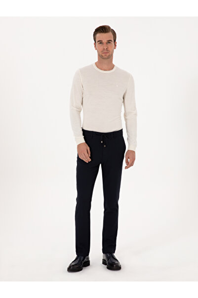 Cacharel بنطلون قماش برباط على الخصر بقصة ضيقة باللون الأزرق الداكن 50308731-...