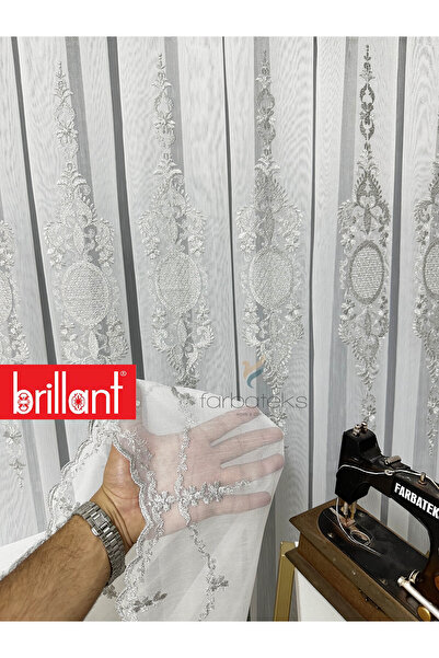 Brillant Mirror Silver Gray Embroidered 3-Layer Pleated No-Iron Living Room Tulle Curtain