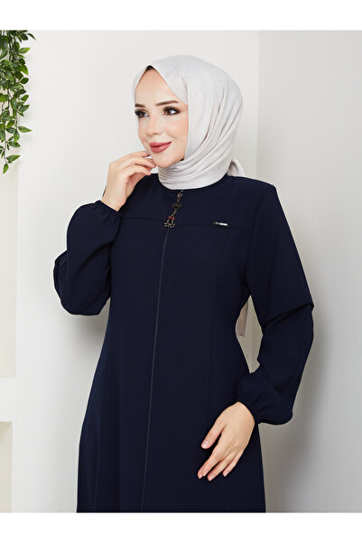 Efelif Lacivert Hakim Yaka Fermuarlı Büyük Beden Şık Tasarım Spor Ferace