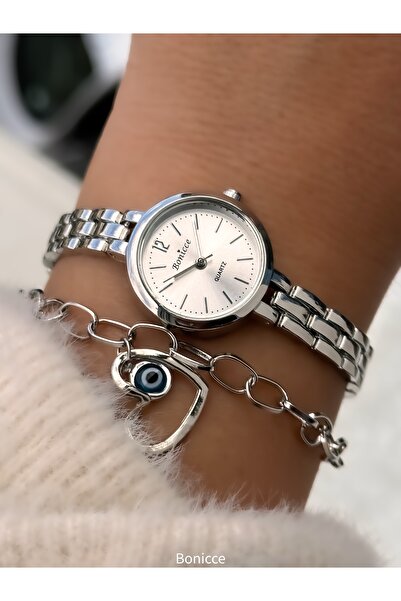 Bonicce Mini Case in a Gift Box Retro Vintage Elegant Silver Cord Women's Watch Heart Bracelet with Gift