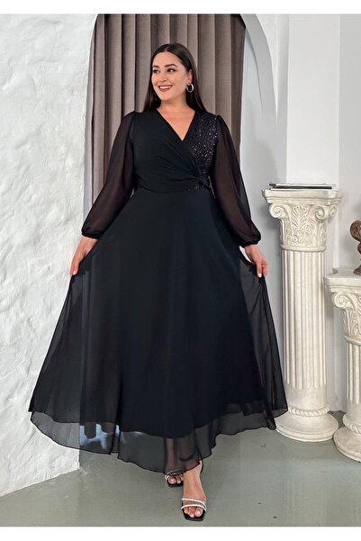 Butik Nilyam Жіноче плаття великого розміру з круазевим коміром, довгими рукавами, паєтками та шифоном 24087