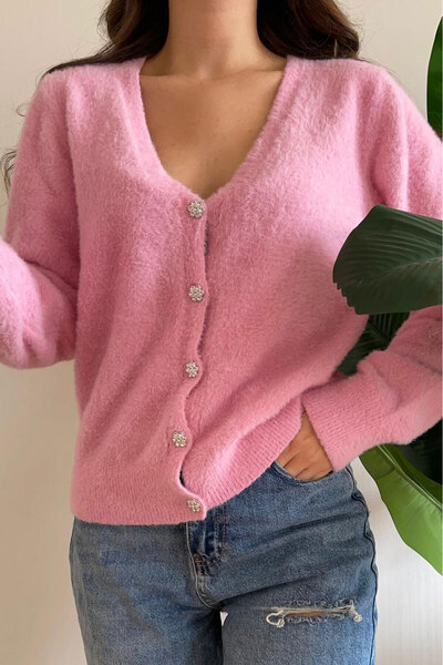 Nazline سترة نسائية تريكو بأكمام طويلة وياقة على شكل حرف V وأزرار ناعمة الملمس