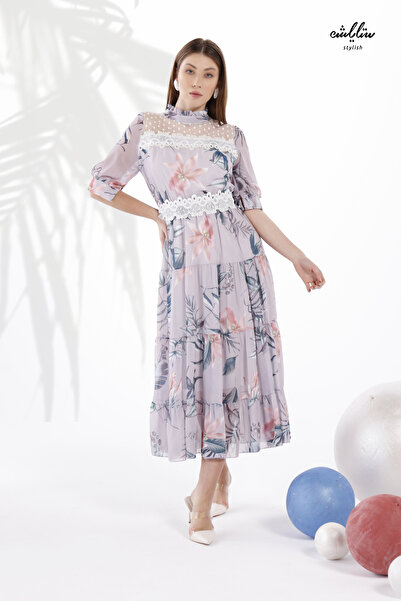 Stylish Grey chiffon maxi dress with beautiful embroideries and pearl-embellished lace
