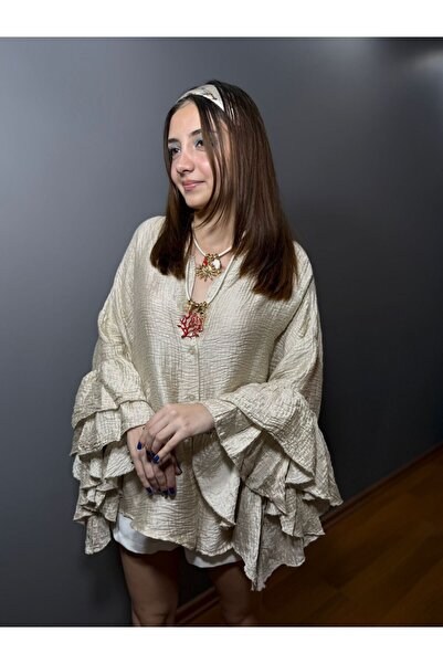 MODAGK Imported Shiny Fabric Sleeve Detailed Design Shirt