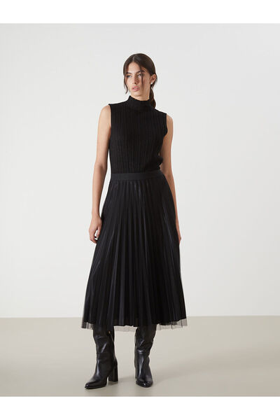 LC Waikiki Siyah Beli Lastikli Şifon Kadın Pileli Etek