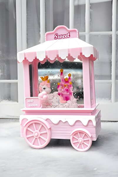 Wolawood Unicorn Mini Kar Küre Led Işıklı Müzikli Dondurma Arabası Simli Su Küresi Pilli Dekoratif Hediyelik