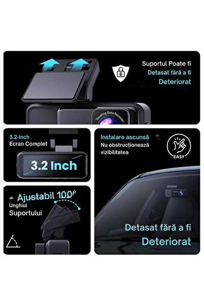 LEDASSE Cameră dublă de bord 4K Ultra HD LEDASSE®, WiFi, vedere nocturnă, senzor G, monitorizare parcare, ecran tactil de 3,2"