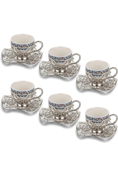 E orient Turkish Coffee Set for 6, 6 Topkapi Design Porcelain Cups with Zamak Handles and Saucers,