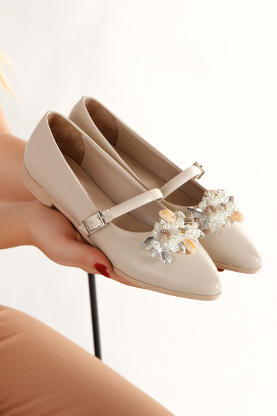 HAYAT SHOES Single Strap Seashell Pearl Detailed Stylish Aesthetic Pointed To...