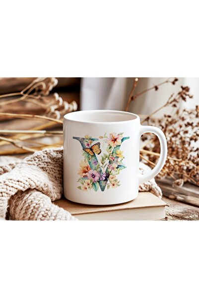 Beramussa Letter V Floral Mug - Soft Color Flower and Butterfly Patterned Ele...
