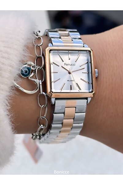 Ferrucci Women's Watch Square Case Double Color Rose Silver Steel Band, Original Box, Bracelet Gift