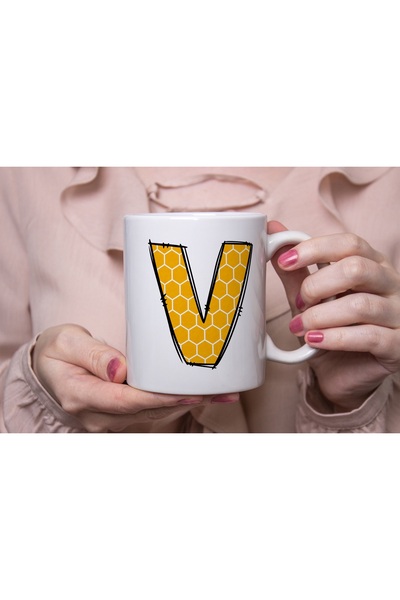 Beramussa Letter V Honeycomb Pattern Mug - Yellow White Black Geometric Coffee Tea Cup - Gift