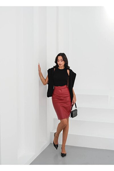 AYLFARWEAR Midi Length Slit Leather Skirt