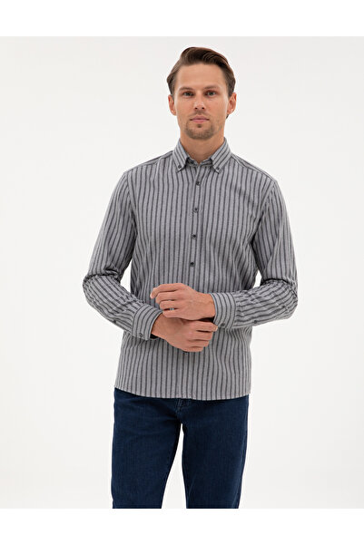 Pierre Cardin Gri Regular Fit Çizgili Uzun Kollu Gömlek 50316710-VR024