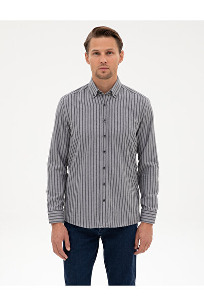 Pierre Cardin Gri Regular Fit Çizgili Uzun Kollu Gömlek 50316710-VR024