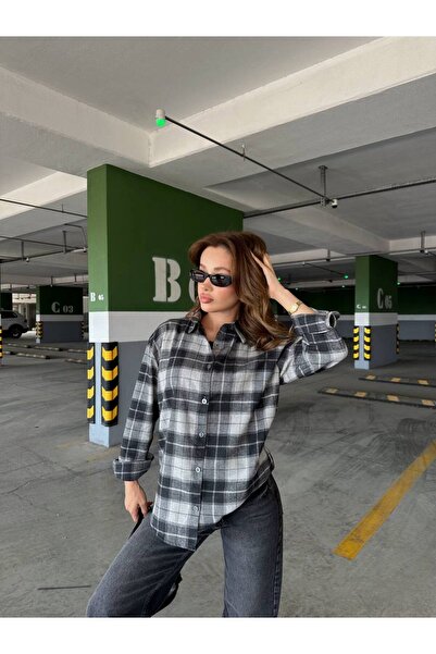 D'RECCY Women's Plaid Patterned Oversize Long Sleeve Shirt