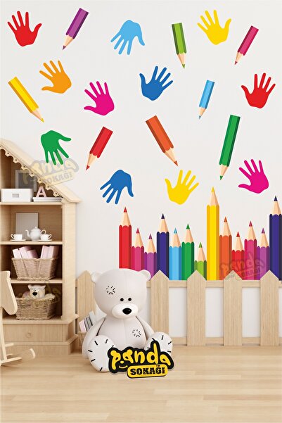 PANDA SOKAĞI Renkli Eller ve Kalemler Duvar Sticker Kreş Anaokulu Renkli Elle...