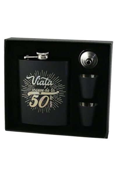 velve Set plosca "Viata incepe de la 50 de ani", palnie si doua pahare, Negru