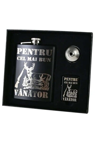 velve Set plosca "Pentru cel mai bun Vanator" cu palnie si bricheta, Negru