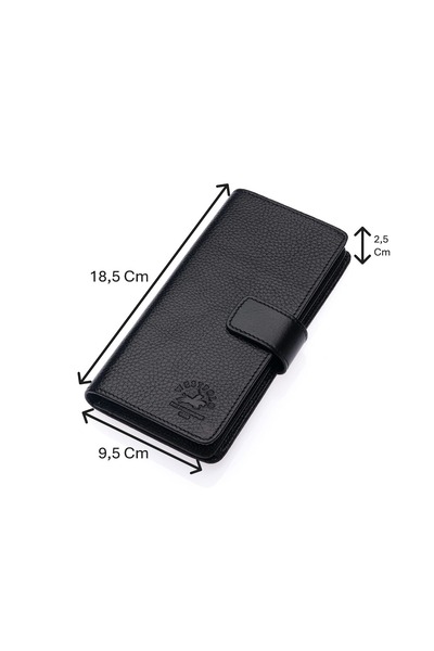 Westpolo Hakiki Deri Kağıt Para, Bol Kart ve Telefon Bölmeli Unisex Uzun Cüzdan - Siyah