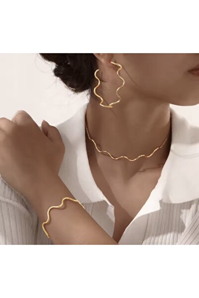 monalisatoka Kadın Gold Zigzag Model Kolye Bileklik Küpe Seti 3’Lü Set