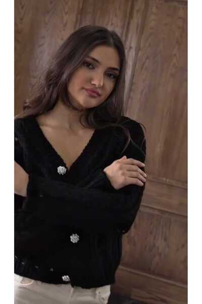 QİMYA BUTİK Keyymod Women's Stone Buttoned Openwork Macaron Short Cardigan