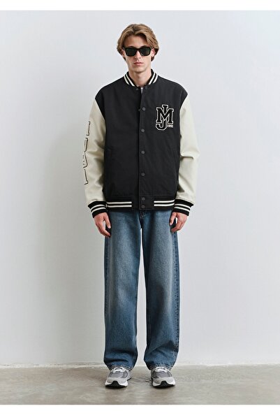 Mavi baskılı loose fit (bol rahat kesim) kolej ceket