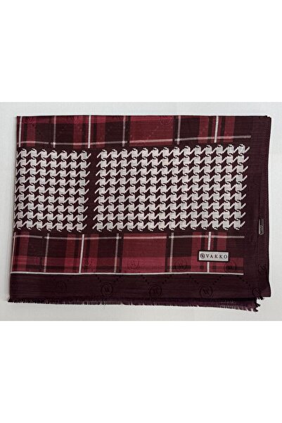 Vakko Cotton Silk Patterned Shawl 41705-Burgundy-Dried Rose