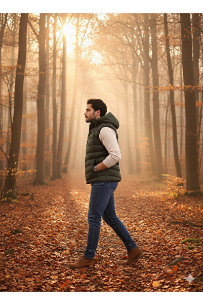 Ayşo Men's Khaki Detachable Zippered Hood Casual Sports Puffer Vest