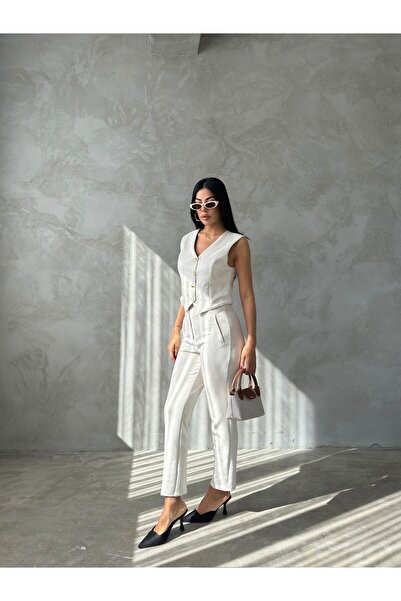 Azra Moda Style Trend Güderi Buttoned Accessory Vest Suit for Women